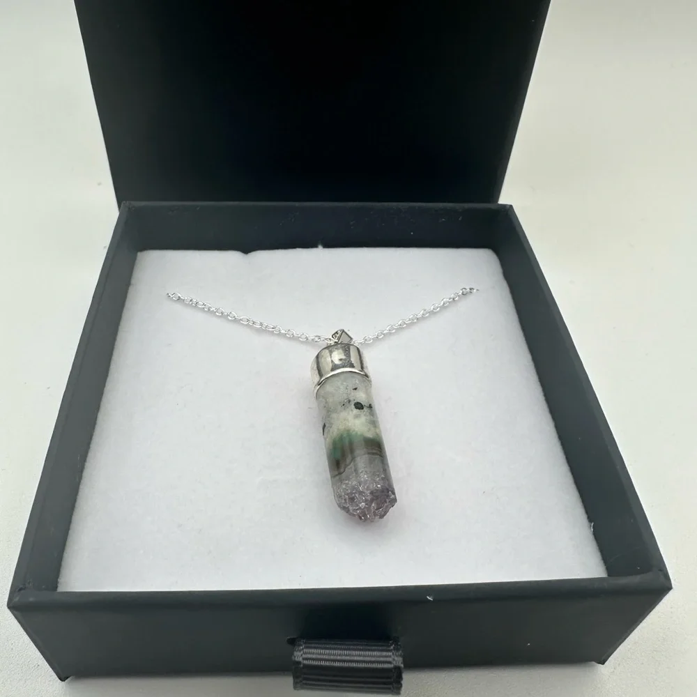 Amethyst and Agate Cylinder Pendant on Box Chain